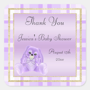 Sticker Carré Jolie Lapin Lilas Remerciements Baby Shower