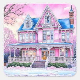 Sticker Carré Jolie maison victorienne rose à l'heure de Noël