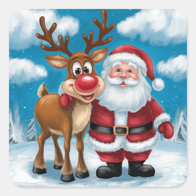 Sticker Carré Jolie Père Noël et Rudolph Scene de Noël (Devant)