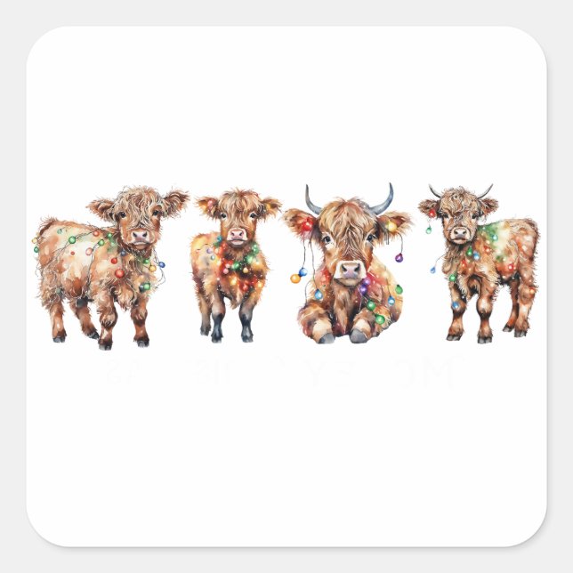 Sticker Carré Jolie Père Noël Highland Vaches, drôle Moey Noël (Devant)