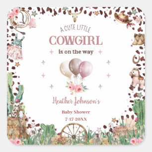 Sticker Carré Jolie Petite Cowgirl Western Aquarelle Baby Shower