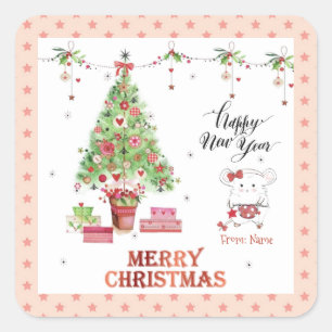 Sticker Carré Jolie petite fille Hamster Joyeux Noël