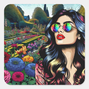 Sticker Carré Jolie Pop Art Comédie Style de livre Femme dans le