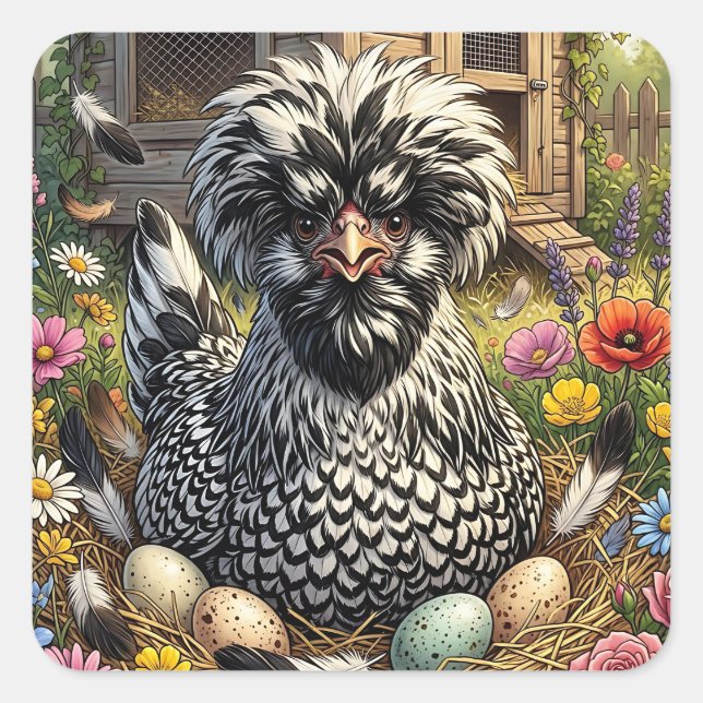 Sticker Carré Jolie poule polonaise noire et blanche (Devant)