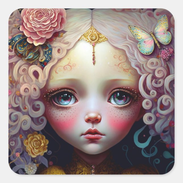 Sticker Carré Jolie poupée fille cheveux roses (Devant)