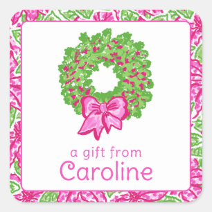Sticker Carré Jolie preppy Noël rose et vert Wreath