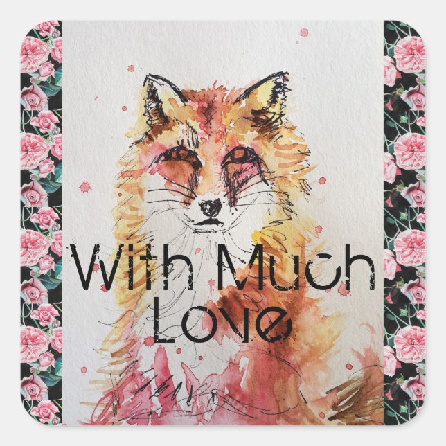 Sticker Carré Jolie Renard Rouge Aquarelle Rose Filles Dames (Devant)