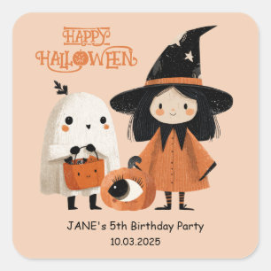 Sticker Carré Jolie sorcière et fantôme Enfants Halloween fête d