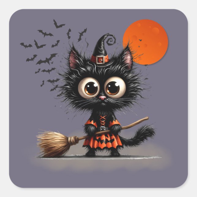 Sticker Carré Jolie sorcière noire Kitten Halloween (Devant)