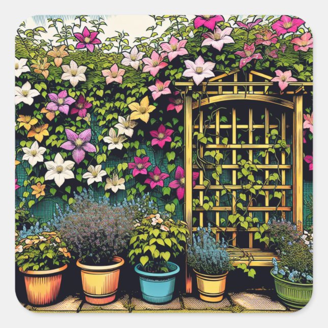 Sticker Carré Jolie Trellis extérieurs et Pots de Plantes (Devant)