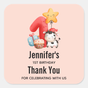 Sticker Carré Jolie vache 1er anniversaire Merci