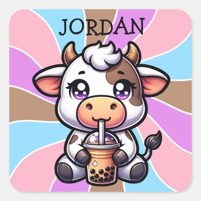 Sticker Carré Jolie vache bébé Boire Boba Kawaii Cartoon (Devant)