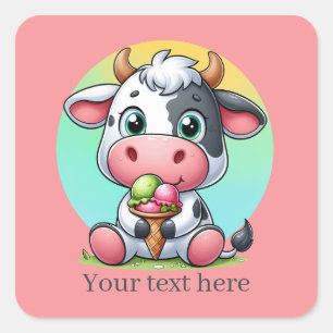 Sticker Carré Jolie vache crème glacée ajouter du texte