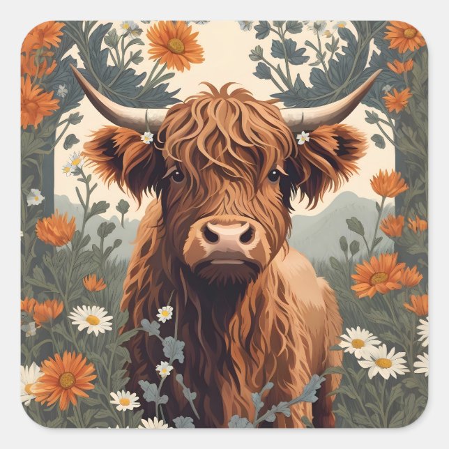 Sticker Carré Jolie vache Vintage Highland (Devant)