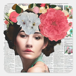 Sticker Carré Jolie Vintage Lady Papier Collage Art