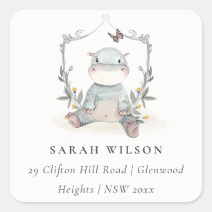 Sticker Carré Jolie Yellow Baby Hippo Foliage Adresse du ballon