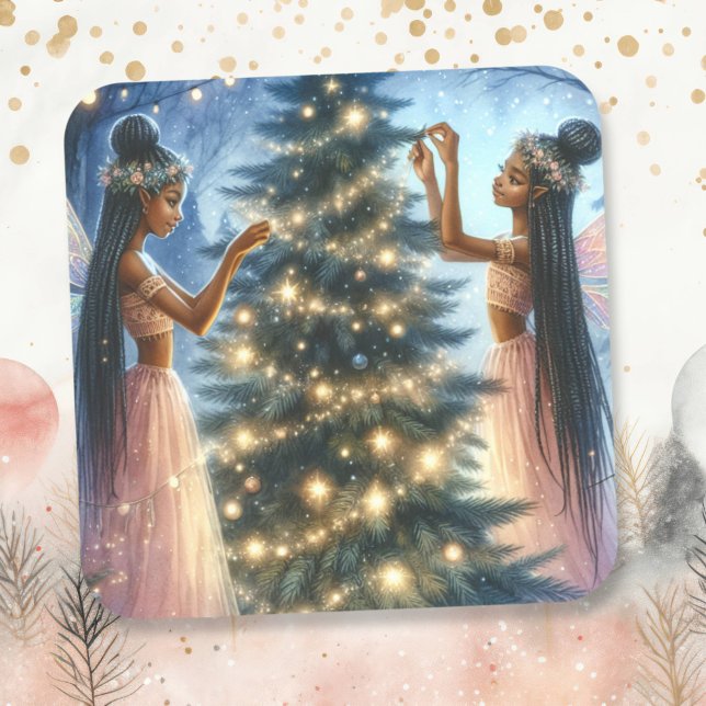 Sticker Carré Jolies fées décorant l'arbre de Noël (Créateur téléchargé)