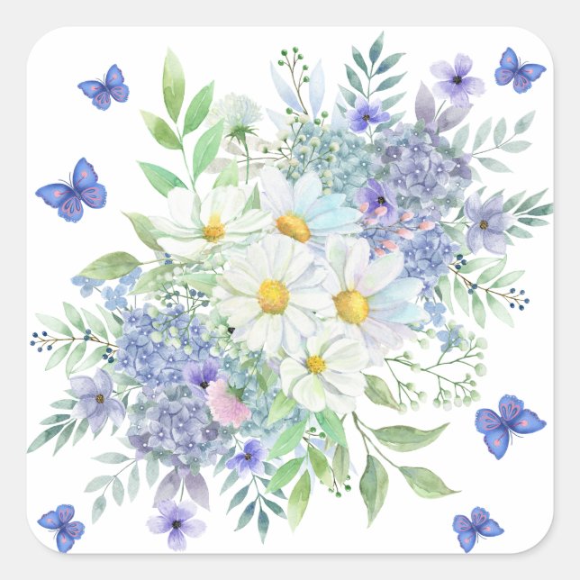 Sticker Carré Jolies marguerites, fleurs bleues et papillons (Devant)
