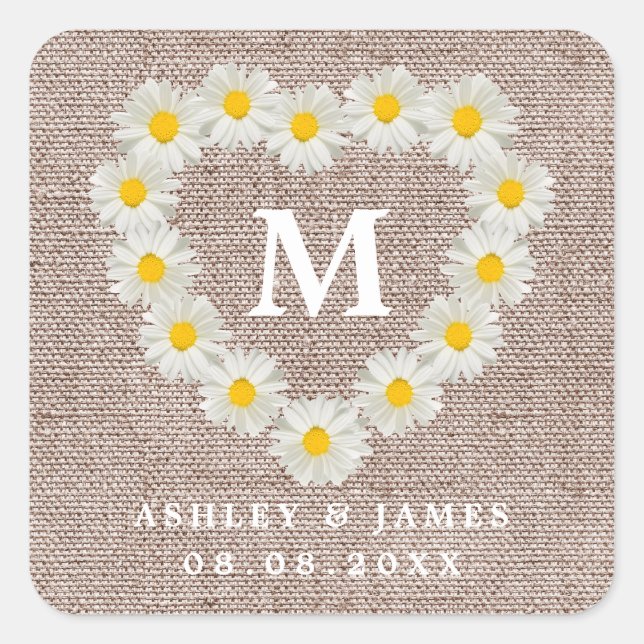 Sticker Carré Jolies marguerites Monogramme Mariage Burlap (Devant)