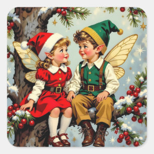 Sticker Carré Jolis Enfants Fées Elfes Vintage Noël