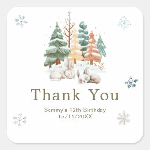 Sticker Carré Jolis Lapins d'Hiver Fête d'Anniversaire