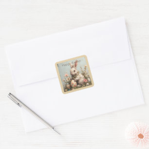 Sticker Carré Jolis œufs de lapin Fleurs Pâques 