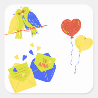 Sticker Carré jolis oiseaux d'amour & lettres romantiques