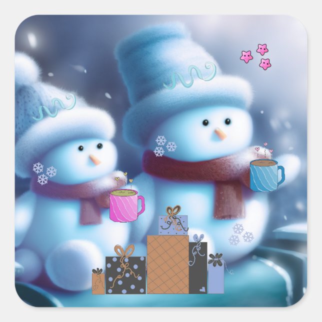 Sticker Carré Jolly Snowman Couple Coffee (Devant)