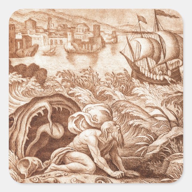 Sticker Carré Jonah et la baleine, illustration tirée d'une Bibl (Devant)