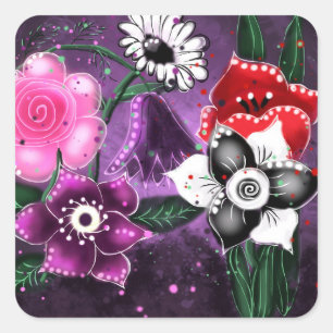 Sticker Carré Jonquille Whimsical Floral Purple Noir Rose Daisy