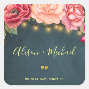 Sticker Carré Jouer chic pivoines navy chalkboard coeurs mariage