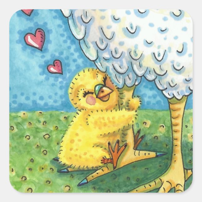 STICKER CARRÉ JOUER VOTRE MOMME, CUTE BÉBÉ POULET AIME MÈRE ALOR (Devant)