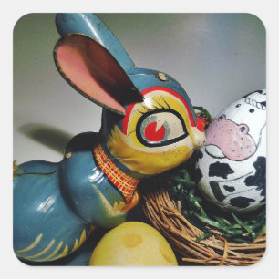 Sticker Carré Jouet lapin et oeuf de vache
