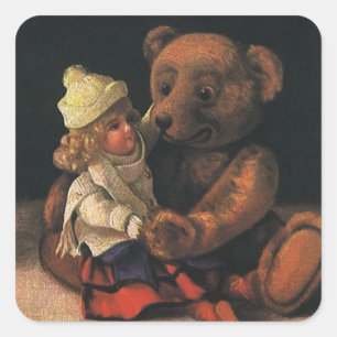 Sticker Carré Jouets de Noël vintage, poupée et ours en peluche