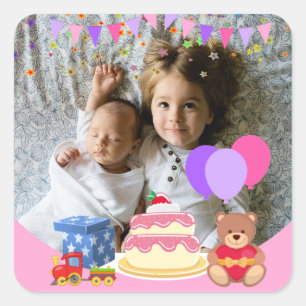 Sticker Carré Jouets pour enfants roses mignonette Fête d'annive