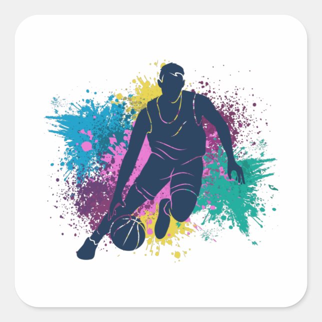 Sticker Carré Joueur de basket-ball Grungy Couleurs Splashes (Devant)