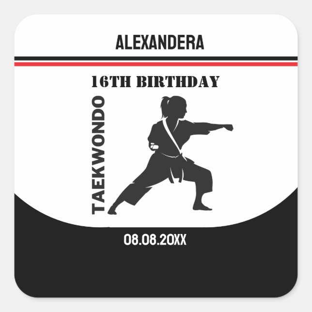 Sticker Carré Joueur de Taekwondo, Cadeau d'anniversaire, Karate (Devant)