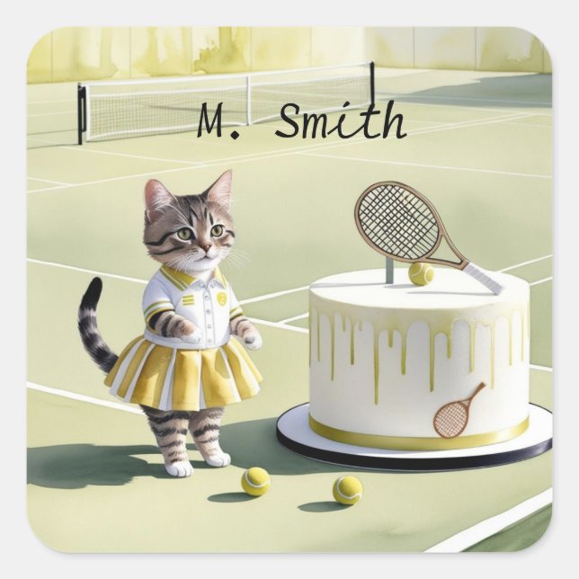 Sticker Carré Joueur de tennis de chat au court avec gâteau d'an (Devant)