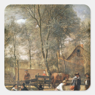 Sticker Carré Joueurs de quille en dehors d'une auberge,