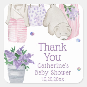Sticker Carré Jour de lavage de l'ours mûr Baby shower aquarelle