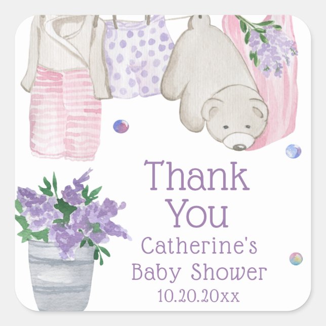 Sticker Carré Jour de lavage de l'ours mûr Baby shower aquarelle (Devant)