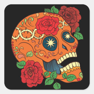 Sticker Carré Jour de tatouage orange mort crâne de sucre Roses