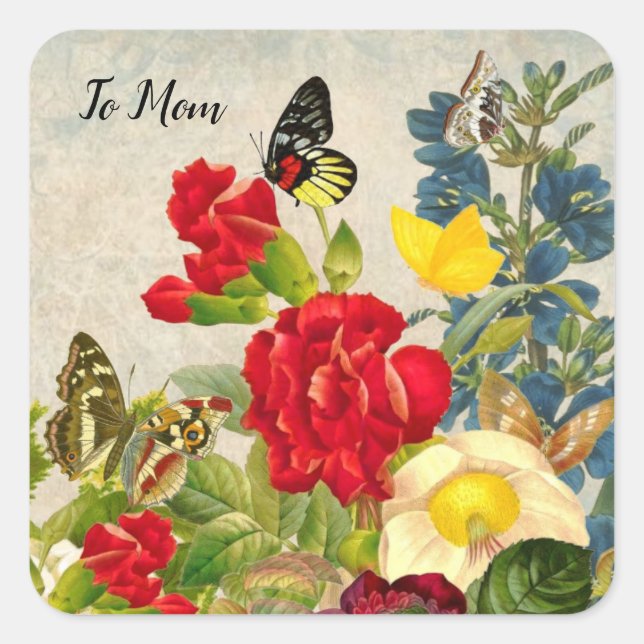 Sticker Carré Jour des mères Jardin oeillets papillons Rose (Devant)