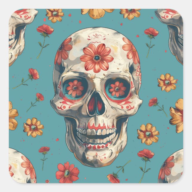 Sticker Carré Jour des Morts design avec crâne et fleurs (Devant)