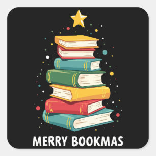 Sticker Carré Joy Bookmas - Festive Book Stack for Book Lovers