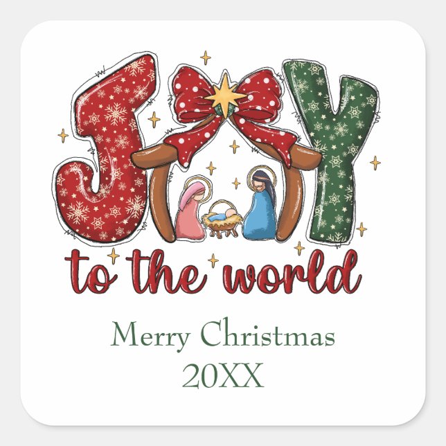 Sticker Carré Joy to the World Joyeux Noël Manger Scene (Devant)
