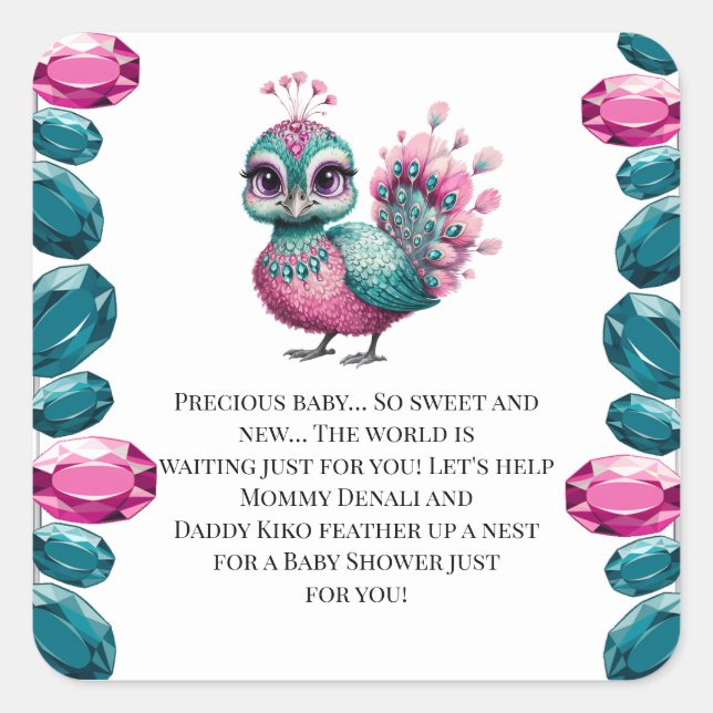 Sticker Carré Joyau rose et Turquoise Baby shower Peacock bébé (Devant)