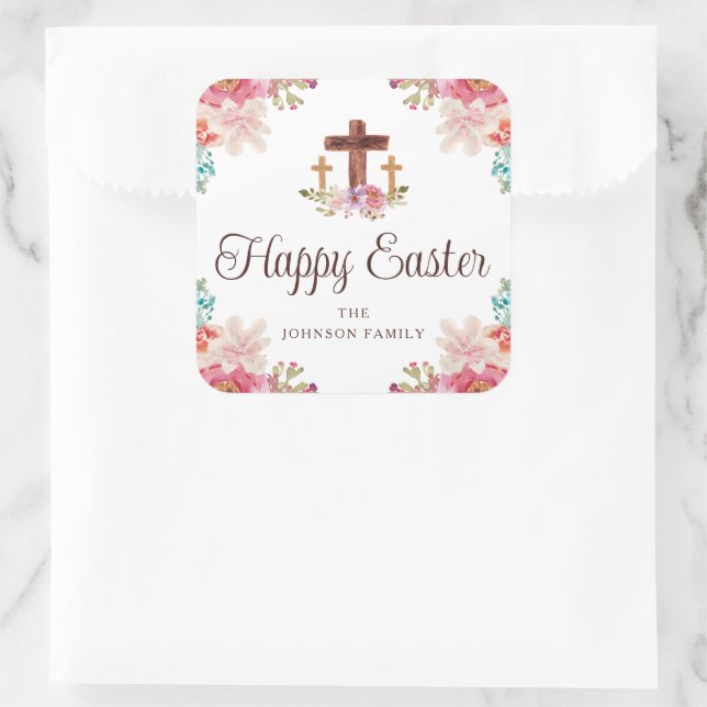 Sticker Carré Joyeuse aquarelle florale de Pâques Croix religieu (Sac)