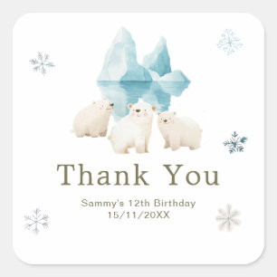 Sticker Carré Joyeuse fête d'anniversaire ours polaires d'hiver 