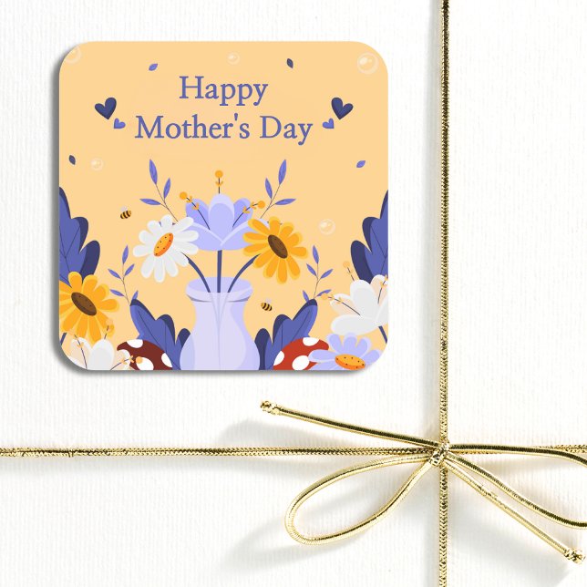 Sticker Carré Joyeuse Fête des Mères Fleurs modernes Floral Bota (Créateur téléchargé)